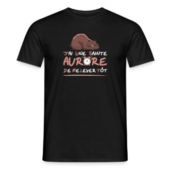 J'AI UNE SAINTE AURORE DE ME LEVER TÔT ! (blanc) - T-shirt homme - noir - Devant - AI Model Male 178 light (178cm)