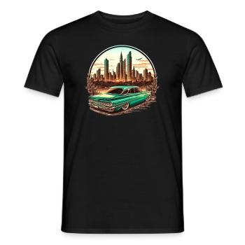Muscle car drives through the desert USA with Rocknroll - Men's T-Shirt - black - Front - AI Model Male 178 light (178cm)