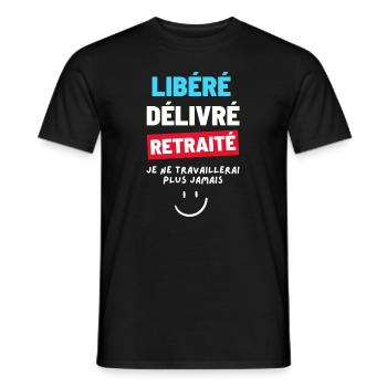 Released delivered retired. Humor Retirement Gift - Men's T-Shirt - black - Front - AI Model Male 178 light (178cm)