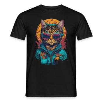 Chat avec lunettes de soleil et illustration de sweat à capuche - T-shirt homme - noir - Devant - AI Model Male 178 light (178cm)