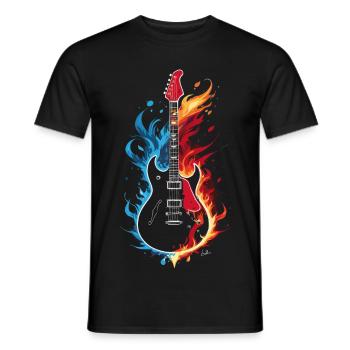 Flaming blue, orange, red guitar - Men's T-Shirt - black - Front - AI Model Male 178 light (178cm)