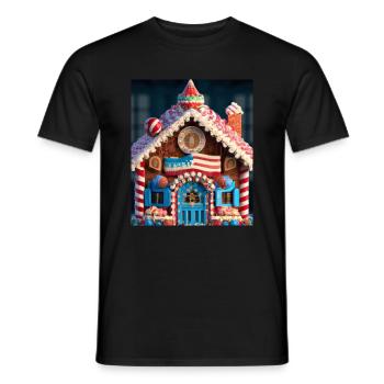 American Christmas Gingerbread House with US - Men's T-Shirt - black - Front - AI Model Male 178 light (178cm)