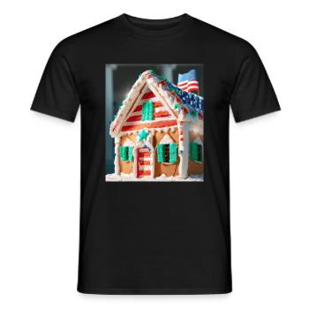 American Christmas Gingerbread House with US - Men's T-Shirt - black - Front - AI Model Male 178 light (178cm)