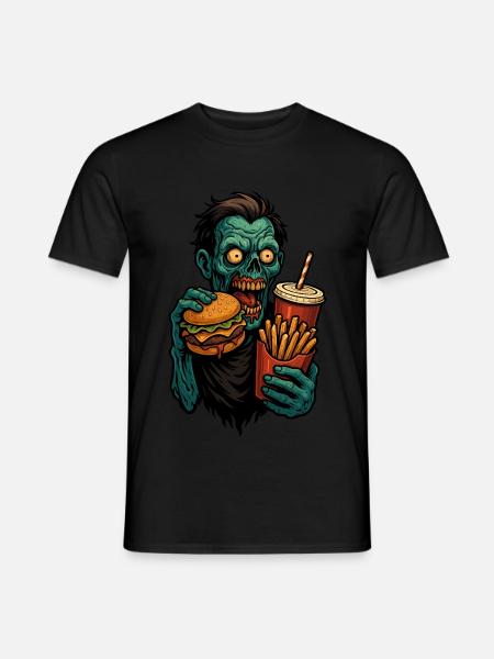 Hungriger Zombie mit Burger und Pommes - Männer T-Shirt - Schwarz