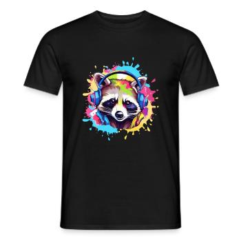 raccoon, colorful, painting, headphones, graffiti - Men's T-Shirt - black - Front - AI Model Male 178 light (178cm)