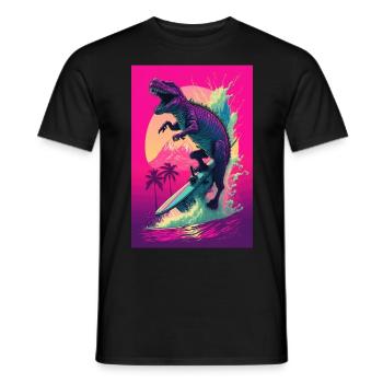 Dino Dinosaur Surfing Surfer Retro Vaporwave - Men's T-Shirt - black - Front - AI Model Male 178 light (178cm)