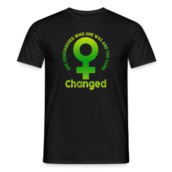 Elle s’est souvenue de qui elle était et le jeu a changé - T-shirt homme - noir - Devant - AI Model Male 178 light (178cm)