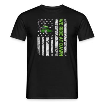 We Ride At Dawn Dad Lawn Mower Make Laugh Day Yard - Men's T-Shirt - black - Front - AI Model Male 178 light (178cm)