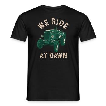 We Ride At Dawn Dad Lawn Mower Make Laugh Day Yard - Men's T-Shirt - black - Front - AI Model Male 178 light (178cm)