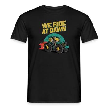 We Ride At Dawn Dad Lawn Mower Make Laugh Day Yard - Men's T-Shirt - black - Front - AI Model Male 178 light (178cm)