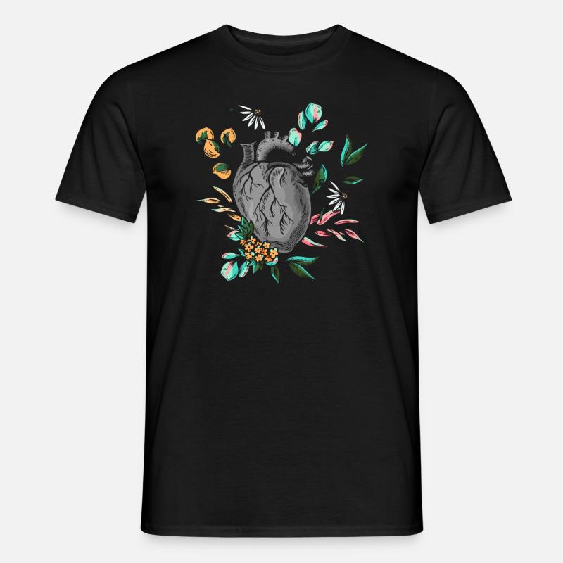 Anatomisches Herz und Blumen - Männer T-Shirt - Schwarz