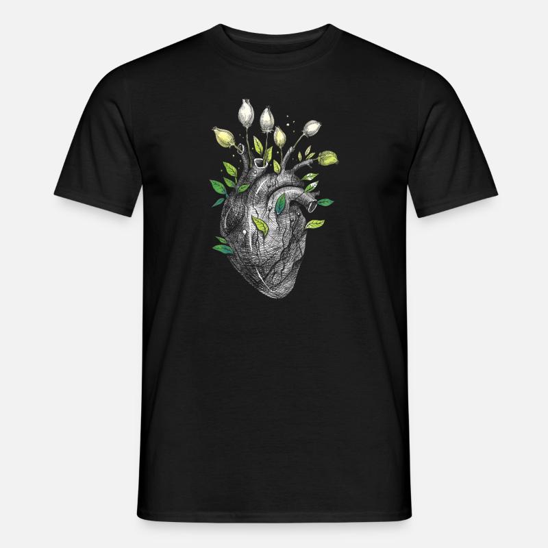 Anatomisches Herz und Blumen - Männer T-Shirt - Schwarz