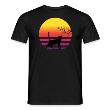 Katze Vogel Auf Baum Retro Vintage Sonnenuntergang - Männer T-Shirt - Schwarz - Vorne - AI Model Male 178 light (178cm)