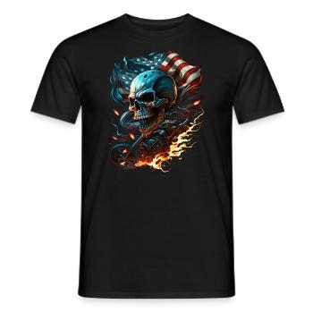Crâne sur le drapeau américain, moto enflammée. - T-shirt homme - noir - Devant - AI Model Male 178 light (178cm)