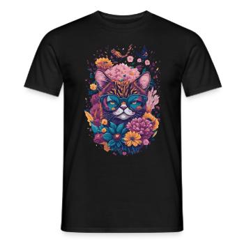 Floral Illustration einer Katze mit Sonnenbrille - Männer T-Shirt - Schwarz - Vorne - AI Model Male 178 light (178cm)