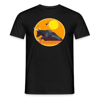 Camargue bull jumps the barrier - Men's T-Shirt - black - Front - AI Model Male 178 light (178cm)