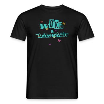 Selbstironie: WOKE & linksversifft - Männer T-Shirt - Schwarz - Vorne - AI Model Male 178 light (178cm)