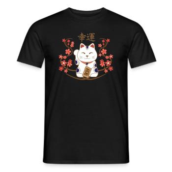 Chat Maneki-neko avec bonne chance kanji - T-shirt homme - noir - Devant - AI Model Male 178 light (178cm)