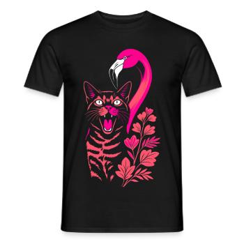 Tropical Cat & Flamingo - Summer 2025 - Men's T-Shirt - black - Front - AI Model Male 178 light (178cm)