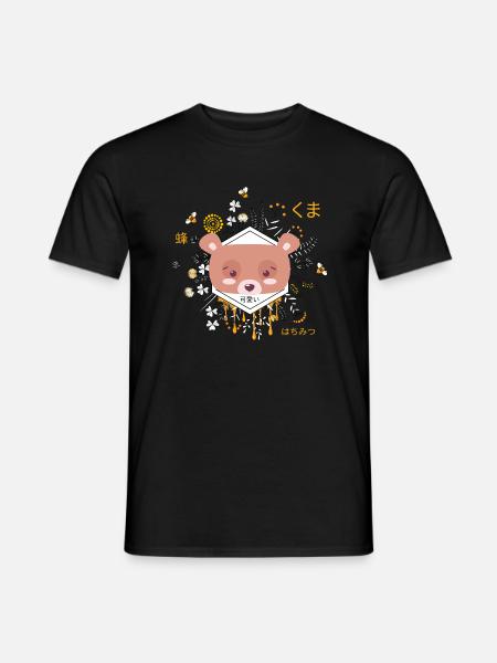 Kawaii Bear Kuma with Flowers and Bees, Adorable - Men's T-Shirt - black