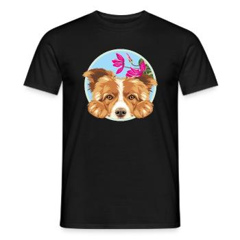 Peeking happy Border Collie dog with pink flowers - Men's T-Shirt - black - Front - AI Model Male 178 light (178cm)