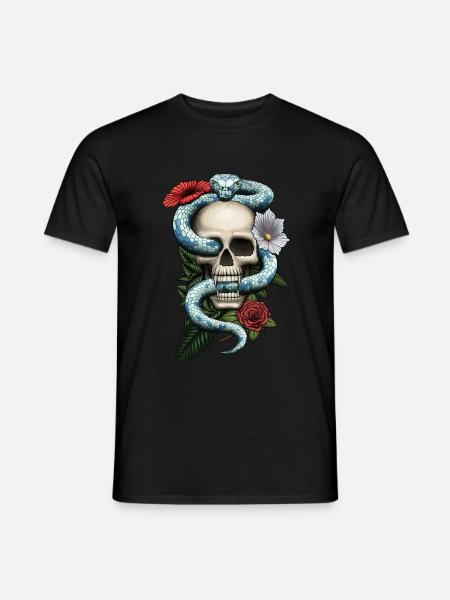 Skull with snake and flowers - Men's T-Shirt - black