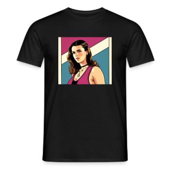 Retro 80s Woman in GTA Comic Style - Men's T-Shirt - black - Front - AI Model Male 178 light (178cm)