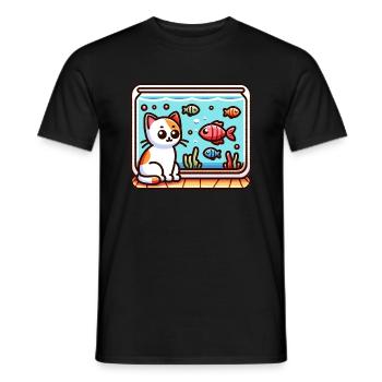 Cute Kitty looking at Fish in Aquarium - Men's T-Shirt - black - Front - AI Model Male 178 light (178cm)
