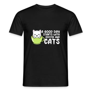 A good day starts with coffee and cats - Men's T-Shirt - black - Front - AI Model Male 178 light (178cm)