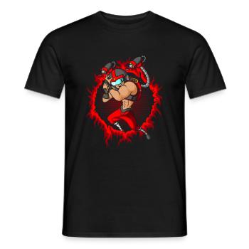The Cyborg with a Halftone Fire Background - Men's T-Shirt - black - Front - AI Model Male 178 light (178cm)