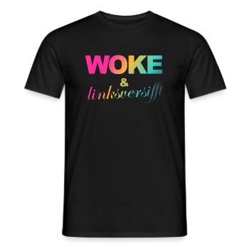 Selbstironie: WOKE & linksversifft - Männer T-Shirt - Schwarz - Vorne - AI Model Male 178 light (178cm)