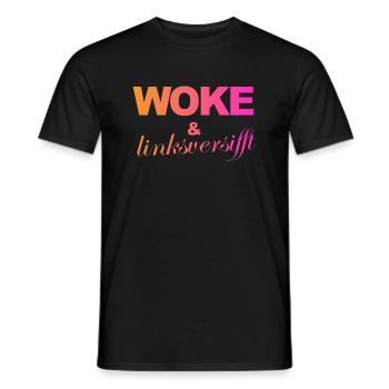 Selbstironie: WOKE & linksversifft - Männer T-Shirt - Schwarz - Vorne - AI Model Male 178 light (178cm)