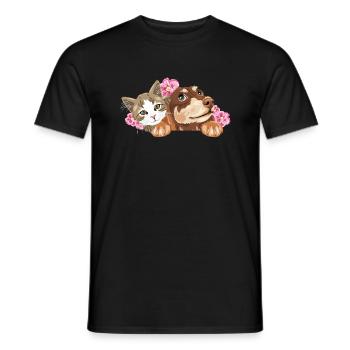 Süße Katze und träumender Dackel mit rosa Blumen - Männer T-Shirt - Schwarz - Vorne - AI Model Male 178 light (178cm)