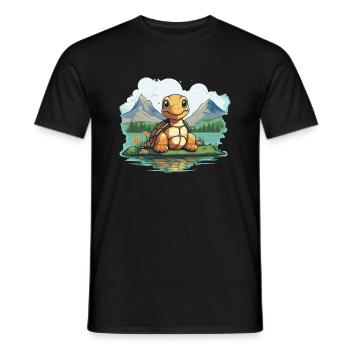 Turtle Bliss: Schildkröte im Wasser vor Bergen - Männer T-Shirt - Schwarz - Vorne - AI Model Male 178 light (178cm)