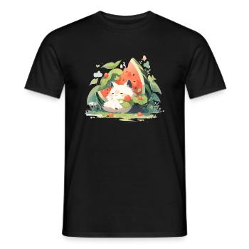 Mignon Kawaii Chat Pastèque Nourriture - T-shirt homme - noir - Devant - AI Model Male 178 light (178cm)