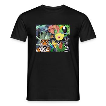 Image de la jungle : tigre, toucan et zèbre - T-shirt homme - noir - Devant - AI Model Male 178 light (178cm)