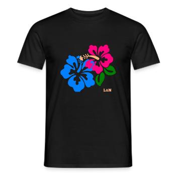 T-shirt with blue and pink hibiscus brand L&N - Men's T-Shirt - black - Front - AI Model Male 178 light (178cm)