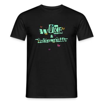 Selbstironie: WOKE & linksversifft - Männer T-Shirt - Schwarz - Vorne - AI Model Male 178 light (178cm)