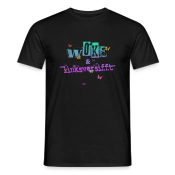 Selbstironie: WOKE & linksversifft - Männer T-Shirt - Schwarz - Vorne - AI Model Male 178 light (178cm)