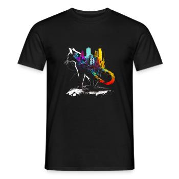 Cat with a colorful city on its back - Men's T-Shirt - black - Front - AI Model Male 178 light (178cm)