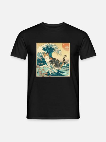 Katze auf der Welle im Stil der japanischen Vaporwave - Männer T-Shirt - Schwarz