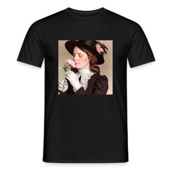 Elegante Vintage-Frau, die eine hübsche rosa Rose riecht - Männer T-Shirt - Schwarz - Vorne - AI Model Male 178 light (178cm)