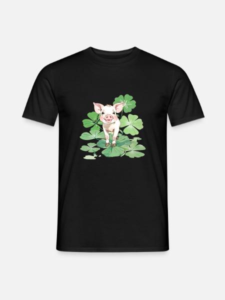 Glücksschwein auf Vierblättrigem Kleeblatt - Männer T-Shirt - Schwarz