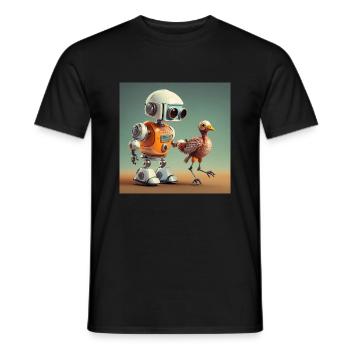 Niedlicher kleiner orangefarbener Roboter läuft mit seinem Alien - Männer T-Shirt - Schwarz - Vorne - AI Model Male 178 light (178cm)