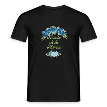 témoin de la mariée fleurs bleus -tshirt assorti - T-shirt homme - noir - Devant - AI Model Male 178 light (178cm)