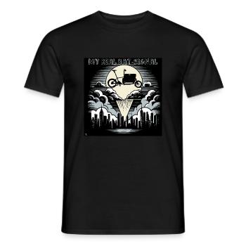 Vélo cargo dans le style Bat-Signal, vélo cargo - T-shirt homme - noir - Devant - AI Model Male 178 light (178cm)