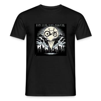 Vélo cargo dans le style Bat-Signal, vélo cargo - T-shirt homme - noir - Devant - AI Model Male 178 light (178cm)