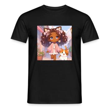 Japanese anime girl walks with her cat - Men's T-Shirt - black - Front - AI Model Male 178 light (178cm)