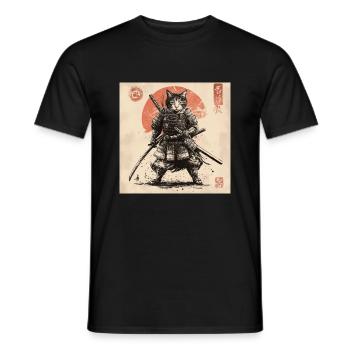Katze Samurai Japan Ukiyo-E - Männer T-Shirt - Schwarz - Vorne - AI Model Male 178 light (178cm)