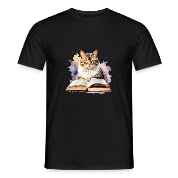 Cat with book - Men's T-Shirt - black - Front - AI Model Male 178 light (178cm)